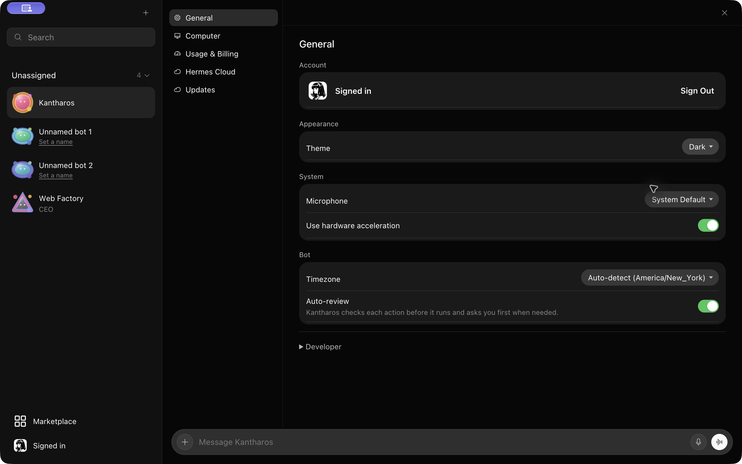 Native Kantharos Mac app in dark appearance, showing the agent roster